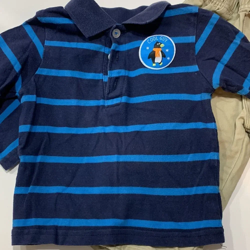 Carter’s Okie Dokie | Boys Blue Striped Penguin Shirt Tan Khaki Casual Pants 12M